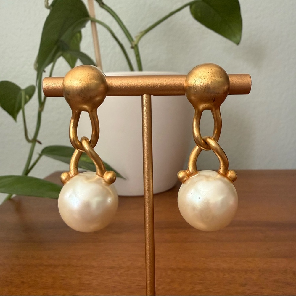 Vintage Large Anne Klein Matte Gold and Glass Faux Pearl Dangle Earrings Pierced